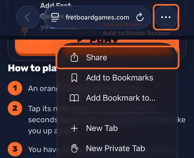 Safari toolbar with the More button, and its menu with Share highlighted