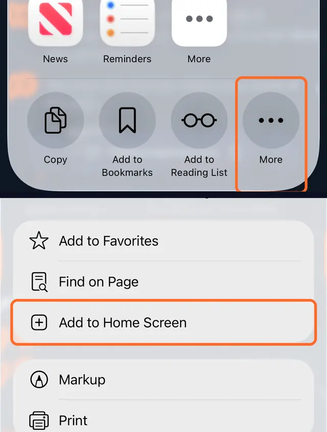 Share sheet with More highlighted, then the list with Add to Home Screen highlighted