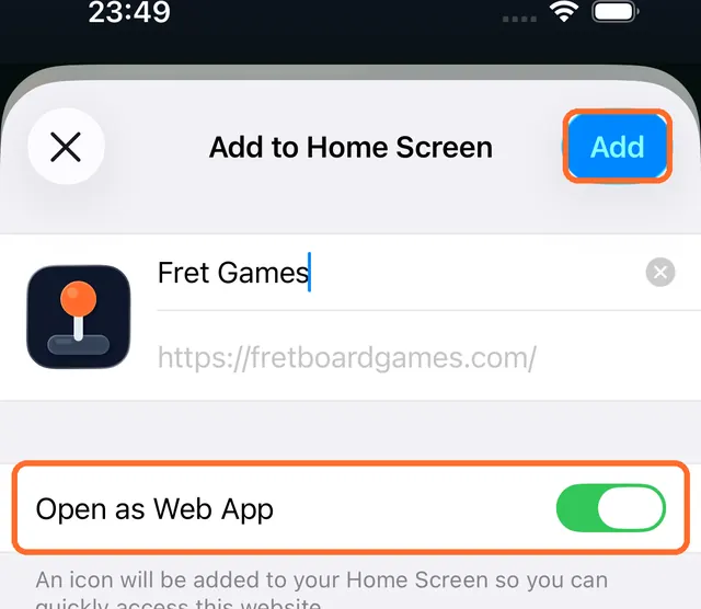Add to Home Screen screen with Add and Open as Web App highlighted